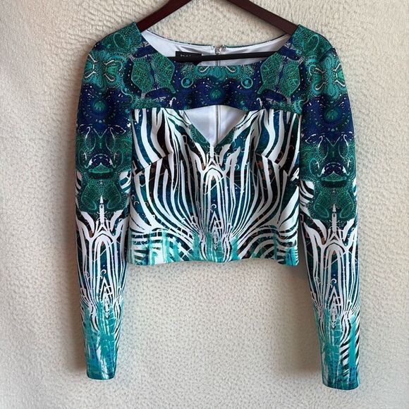 Bebe Back Zip Cut‎ Out Print Crop Top Womens Large Satin - Picture 1 of 6